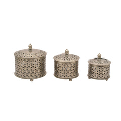 Handcrafted Iron Decorative Boxes – Set of 3 | Antique Nickel Finish | Hand-Cut, Hand-Punched & Engraved