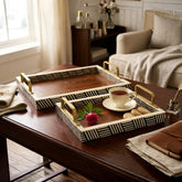 Handmade Wooden & Bone Inlay Tray Set with Brass Handles – Modern Geometric Serving Trays (Set of 2)