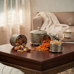 Handcrafted Iron Decorative Boxes – Set of 3 | Antique Nickel Finish | Hand-Cut, Hand-Punched & Engraved