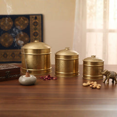 Handcrafted Iron Storage Boxes – Set of 3 | Antique Brass Finish | Hand-Punched