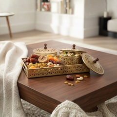 Handcrafted Iron Storage Boxes with Tray – Antique Brass Finish | Hand-Punched Design