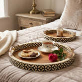 Handmade Wooden & Bone Inlay Round Tray Set with Brass Handles – Floral Geometric Serving Trays (Set of 2)