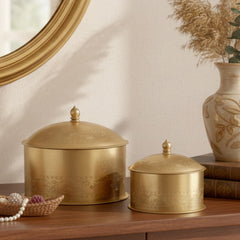 Handcrafted Iron Storage Boxes – Set of 2 | Antique Brass Finish | Hand-Punched Design