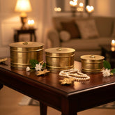 Handcrafted Iron Storage Boxes – Set of 3 | Antique Brass Finish | Hand-Punched Design with Ring Lid