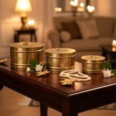 Handcrafted Iron Storage Boxes – Set of 3 | Antique Brass Finish | Hand-Punched Design with Ring Lid