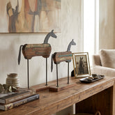 Reclaimed Wood & Iron Horse Sculptures, Set of 2