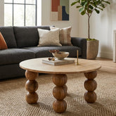 Round Travertine Top Coffee Table with Sculptural Wooden Sphere Legs – Modern Handmade Statement Table