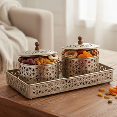 Handcrafted Iron Storage Boxes with Tray – Nickel Finish | Hand-Punched Design