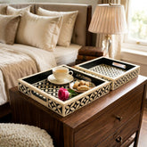 Handmade Bone Inlay Square Tray Set – Black & Ivory Floral Geometric Serving Trays (Set of 2)
