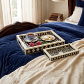 Handmade Bone Inlay Rectangular Tray Set – Floral & Geometric Black Ivory Serving Trays (Set of 2)
