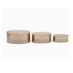Handcrafted Oval Iron Storage Boxes – Set of 3 | Nickel Finish | Hand-Punched Design