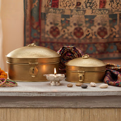 Handcrafted Iron Oval Storage Boxes – Set of 2 | Antique Brass Finish | Hand-Punched