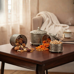 Handcrafted Iron Decorative Boxes – Set of 3 | Antique Nickel Finish | Hand-Cut, Hand-Punched & Engraved