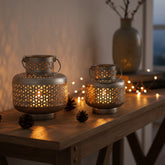 Handcrafted Iron Lanterns – Set of 2 | Antique Nickel Finish | Hand-Cut, Hand-Punched & Engraved