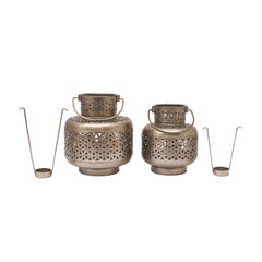 Handcrafted Iron Lanterns – Set of 2 | Antique Nickel Finish | Hand-Cut, Hand-Punched & Engraved