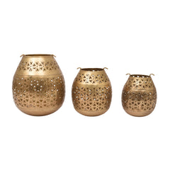 Handcrafted Iron Lanterns – Set of 3 | Antique Brass Finish | Hand-Cut, Hand-Punched & Engraved