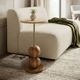 Round Travertine Top End Table with Wooden Base & Brass Finish Rod – Modern Handmade Accent Table