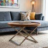 Reclaimed Wood Round Tray Table with Folding Iron Stand
