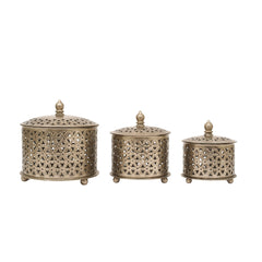 Handcrafted Iron Decorative Boxes – Set of 3 | Antique Nickel Finish | Hand-Cut, Hand-Punched & Engraved