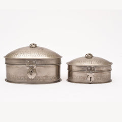 Handcrafted Iron Oval Storage Boxes – Set of 2 | Antique Nickle Finish | Hand-Punched