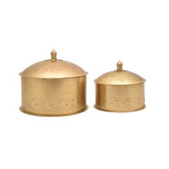 Handcrafted Iron Storage Boxes – Set of 2 | Antique Brass Finish | Hand-Punched Design