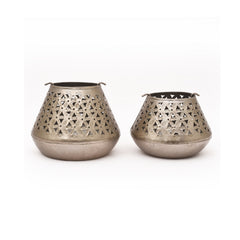 Handcrafted Iron Lanterns – Set of 2 | Antique Nickel Finish | Hand-Cut, Hand-Punched & Engraved