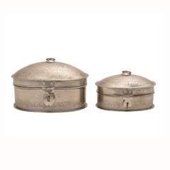 Handcrafted Iron Oval Storage Boxes – Set of 2 | Antique Nickle Finish | Hand-Punched