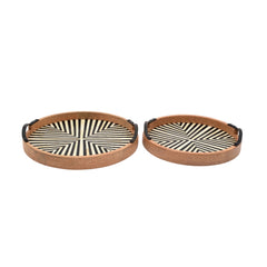 Handmade Bone Inlay Tray Set – Geometric Black & Ivory Round Trays (Set of 2)