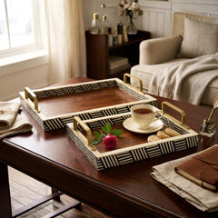 Handmade Wooden & Bone Inlay Tray Set with Brass Handles – Modern Geometric Serving Trays (Set of 2)
