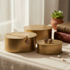 Handcrafted Iron Storage Boxes – Set of 3 | Antique Brass Finish | Hand-Punched