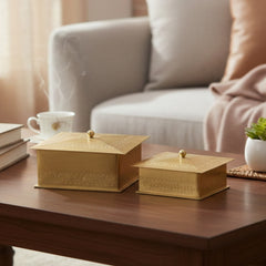 Handcrafted Iron Storage Boxes – Set of 2 | Antique Brass Finish | Hand-Punched