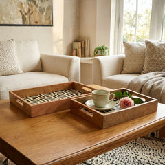 Handmade Bone Inlay Rectangular Tray Set – Geometric Black & Ivory Wooden Serving Trays (Set of 2)