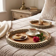 Handmade Wooden & Bone Inlay Round Tray Set with Brass Handles – Floral Geometric Serving Trays (Set of 2)