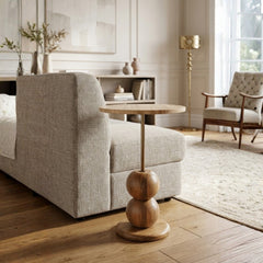 Round Travertine Top End Table with Wooden Base & Brass Finish Rod