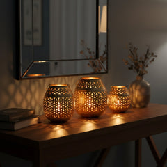 Handcrafted Iron Lanterns – Set of 3 | Antique Brass Finish | Hand-Cut, Hand-Punched & Engraved