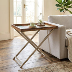Reclaimed Wood Rectangular Tray Table with Folding Iron Stand