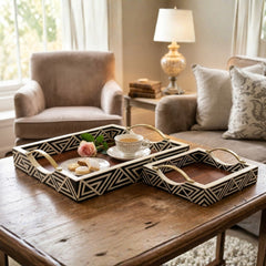 Handmade Wooden & Bone Inlay Square Tray Set with Brass Handles – Geometric Black & Ivory Serving Trays (Set of 2)