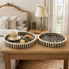 Handmade Bone Inlay Round Tray Set – Floral Black & Ivory Wooden Serving Trays (Set of 2)