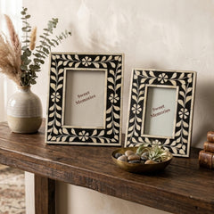 Handmade Bone Inlay Photo Frame Set – Floral Vine Black & Ivory Picture Frames (Set of 2)