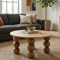 Round Travertine Top Coffee Table with Sculptural Wooden Sphere Legs – Modern Handmade Statement Table