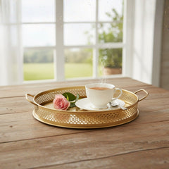 Handcrafted Iron Serving Trays – Set of 2 | Antique Brass Finish | Hand-Cut Perforated Design