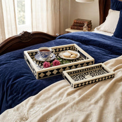 Handmade Bone Inlay Rectangular Tray Set – Floral & Geometric Black Ivory Serving Trays (Set of 2)