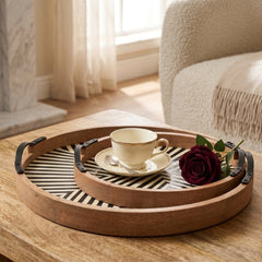 Handmade Bone Inlay Tray Set – Geometric Black & Ivory Round Trays (Set of 2)
