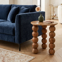 Round Travertine Side Table with Travatine Top Wooden Sphere Legs