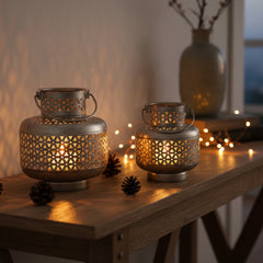 Handcrafted Iron Lanterns – Set of 2 | Antique Nickel Finish | Hand-Cut, Hand-Punched & Engraved