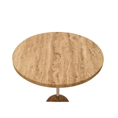 Round Travertine Top End Table with Wooden Base & Brass Finish Rod