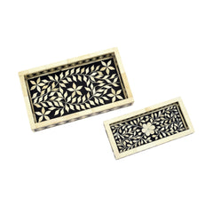 Handmade Bone Inlay Rectangular Tray Set – Floral & Geometric Black Ivory Serving Trays (Set of 2)