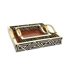Handmade Wooden & Bone Inlay Square Tray Set with Brass Handles – Geometric Black & Ivory Serving Trays (Set of 2)