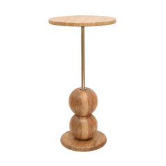 Round Travertine Top End Table with Wooden Base & Brass Finish Rod – Modern Handmade Accent Table