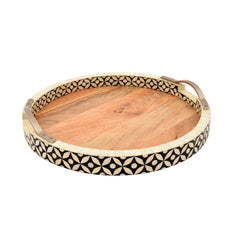 Handmade Wooden & Bone Inlay Round Tray Set with Brass Handles – Floral Geometric Serving Trays (Set of 2)